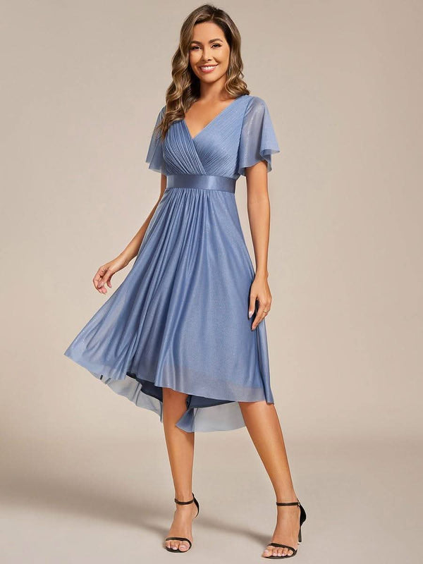 ever SOL|Short Sleeve V-Neck Pleated Glitter Midi Wedding Guest Dress