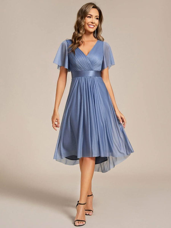 ever SOL|Short Sleeve V-Neck Pleated Glitter Midi Wedding Guest Dress