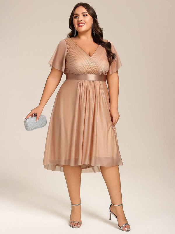 pretty SOL|Plus Size Glitter Short Sleeve V-Neck Pleated Midi Wedding Guest Dress