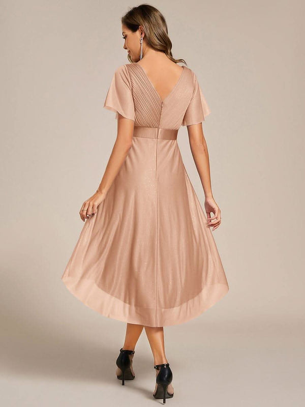 ever SOL|Short Sleeve V-Neck Pleated Glitter Midi Wedding Guest Dress