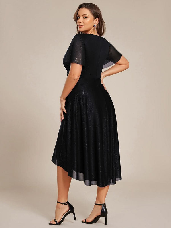Plus Size Short Sleeve Pleated Ruffles Sequin A-Line Midi Wedding Guest Dresses