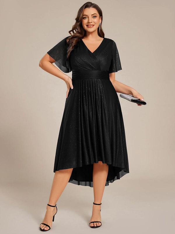 Plus Size Short Sleeve Pleated Ruffles Sequin A-Line Midi Wedding Guest Dresses