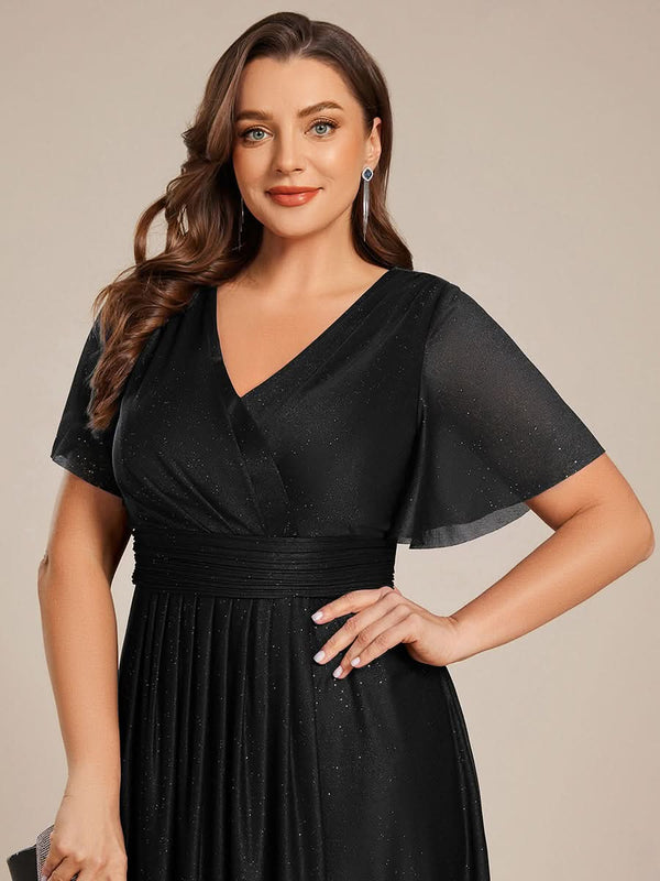 Plus Size Short Sleeve Pleated Ruffles Sequin A-Line Midi Wedding Guest Dresses