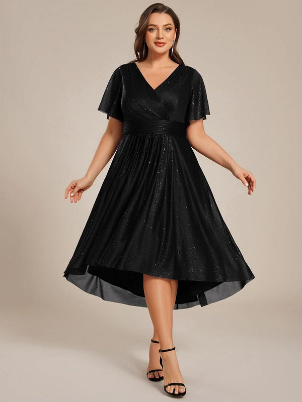 Plus Size Short Sleeve Pleated Ruffles Sequin A-Line Midi Wedding Guest Dresses