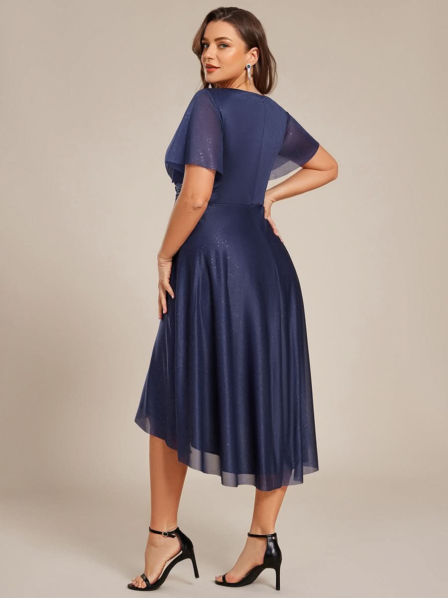 Plus Size Short Sleeve Pleated Ruffles Sequin A-Line Midi Wedding Guest Dresses #color_Navy Blue