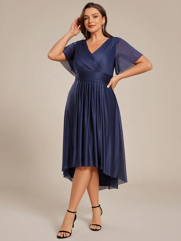 Plus Size Short Sleeve Pleated Ruffles Sequin A-Line Midi Wedding Guest Dresses