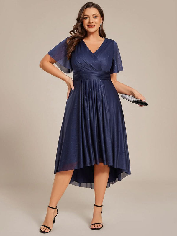 Plus Size Short Sleeve Pleated Ruffles Sequin A-Line Midi Wedding Guest Dresses