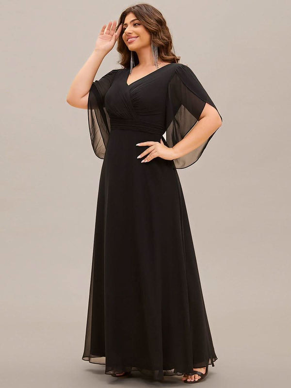 Lena | Plus Size Elegant Pleated Half Sleeve A-Line Maxi Mother of the Bride Dress