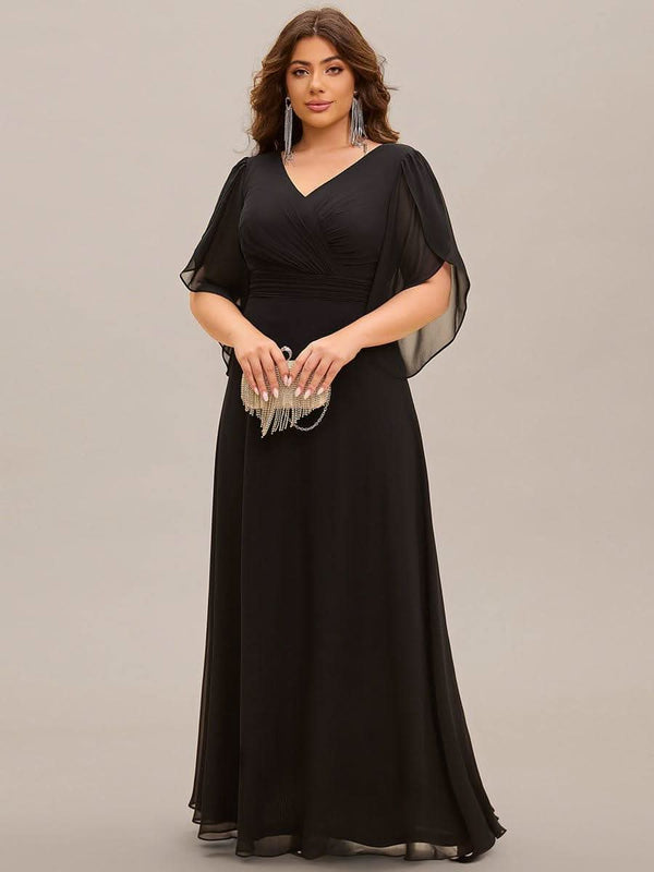 Lena | Plus Size Elegant Pleated Half Sleeve A-Line Maxi Mother of the Bride Dress