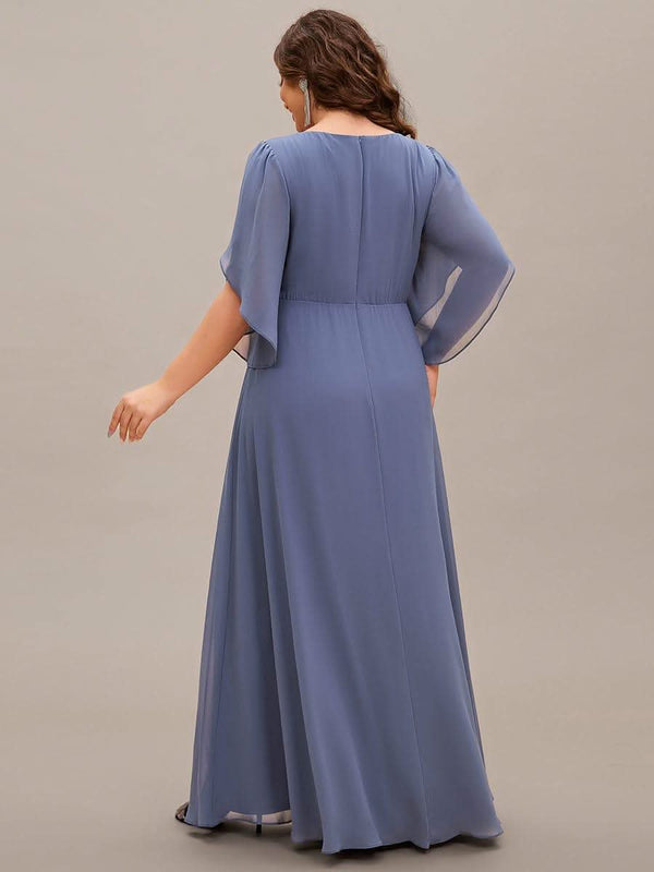 Lena | Plus Size Elegant Pleated Half Sleeve A-Line Maxi Mother of the Bride Dress