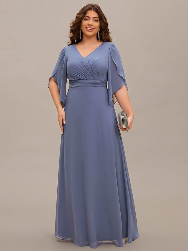 Lena | Plus Size Elegant Pleated Half Sleeve A-Line Maxi Mother of the Bride Dress