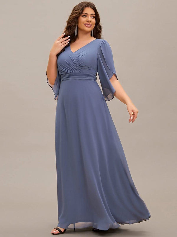 Lena | Plus Size Elegant Pleated Half Sleeve A-Line Maxi Mother of the Bride Dress