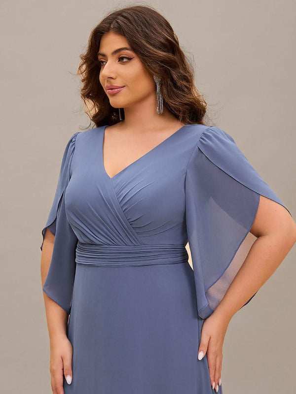 Lena | Plus Size Elegant Pleated Half Sleeve A-Line Maxi Mother of the Bride Dress