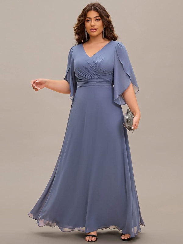 Lena | Plus Size Elegant Pleated Half Sleeve A-Line Maxi Mother of the Bride Dress
