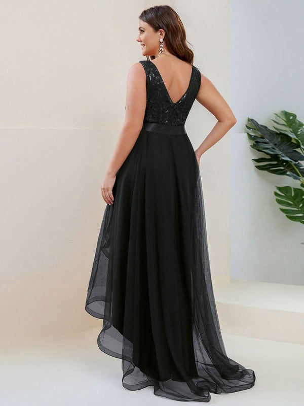 ever SASHIA|Fashion High-Low Deep V Neck Tulle Evening Dresses with Sequin Appliques