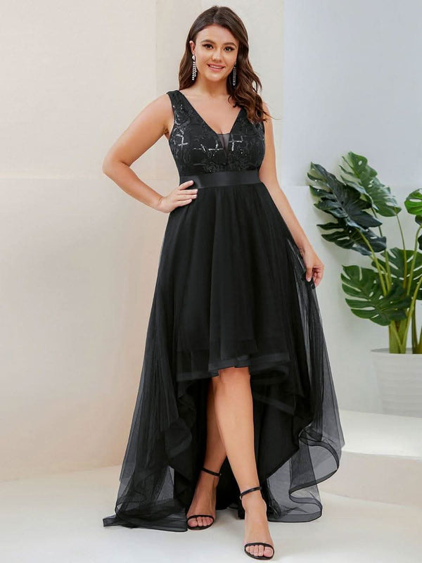 ever SASHIA|Fashion High-Low Deep V Neck Tulle Evening Dresses with Sequin Appliques