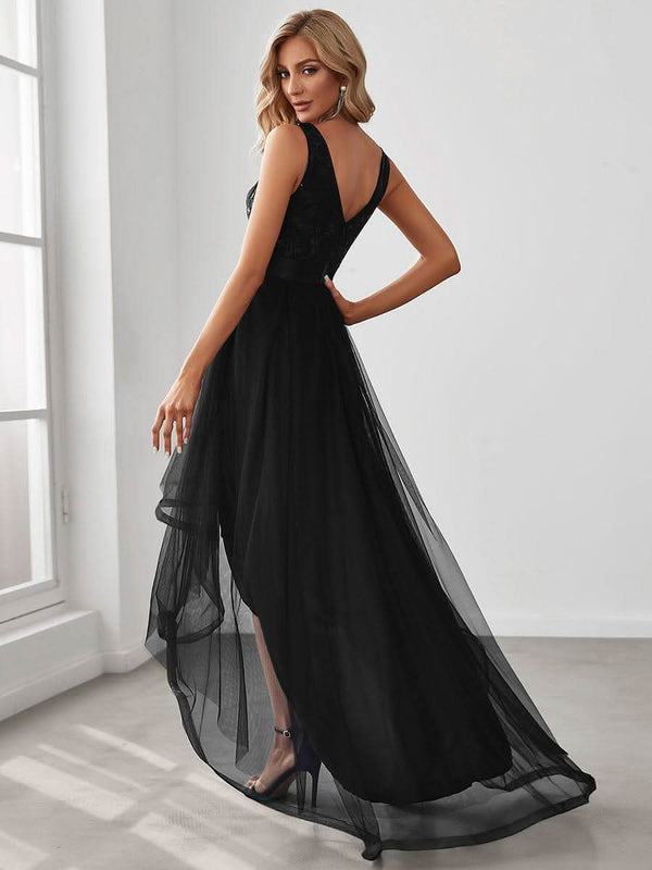 ever SASHIA|Fashion High-Low Deep V Neck Tulle Evening Dresses with Sequin Appliques