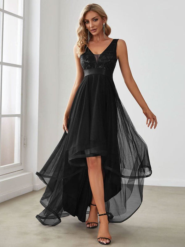 ever SASHIA|Fashion High-Low Deep V Neck Tulle Evening Dresses with Sequin Appliques