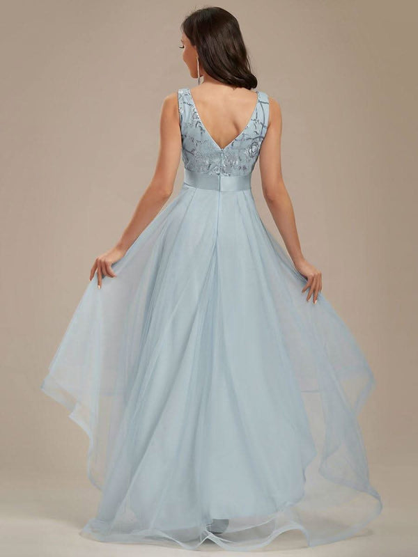 ever SASHIA|Fashion High-Low Deep V Neck Tulle Evening Dresses with Sequin Appliques