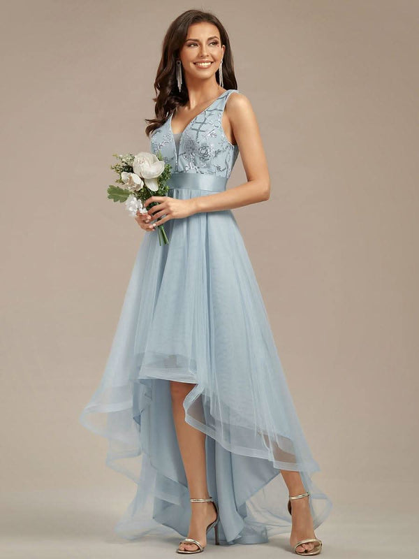 ever SASHIA|Fashion High-Low Deep V Neck Tulle Evening Dresses with Sequin Appliques