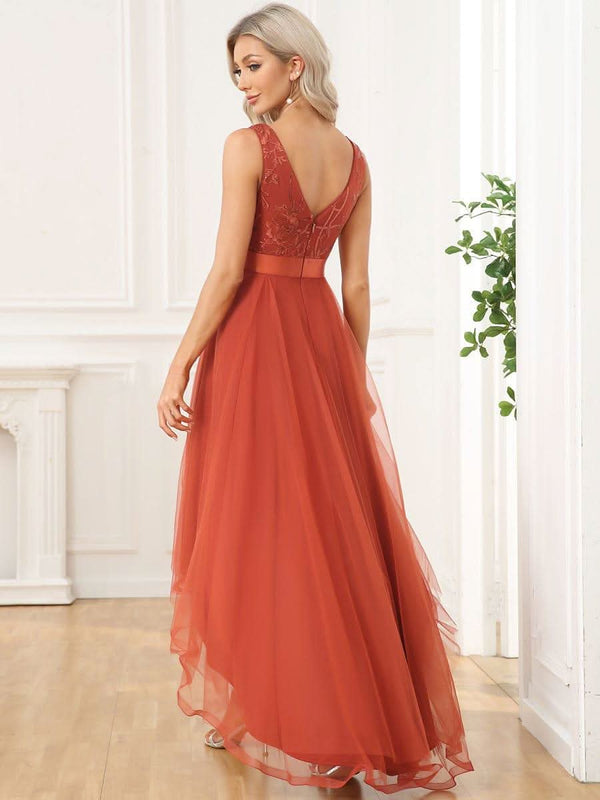ever SASHIA|Fashion High-Low Deep V Neck Tulle Evening Dresses with Sequin Appliques