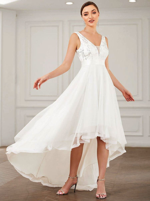 ever SASHIA|Fashion High-Low Deep V Neck Tulle Evening Dresses with Sequin Appliques