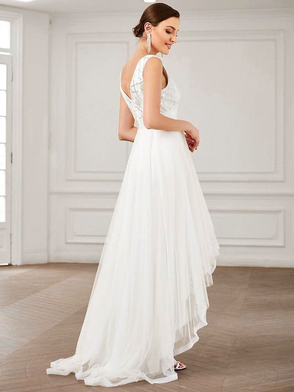 ever SASHIA|Fashion High-Low Deep V Neck Tulle Evening Dresses with Sequin Appliques