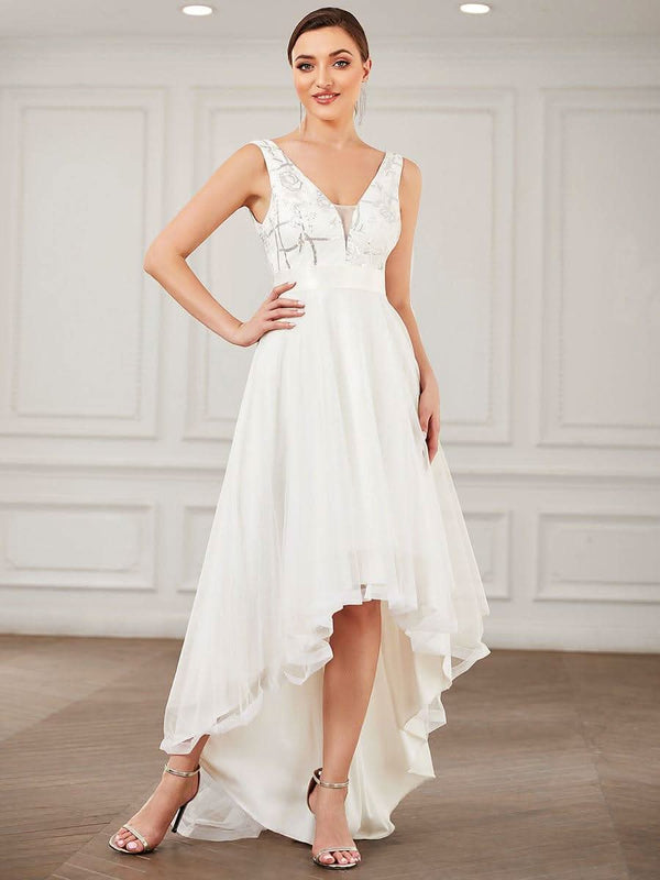 ever SASHIA|Fashion High-Low Deep V Neck Tulle Evening Dresses with Sequin Appliques
