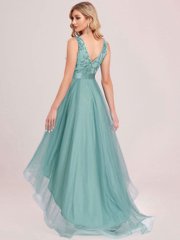 ever SASHIA|Fashion High-Low Deep V Neck Tulle Evening Dresses with Sequin Appliques