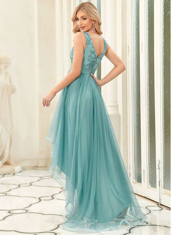 ever SASHIA|Fashion High-Low Deep V Neck Tulle Evening Dresses with Sequin Appliques