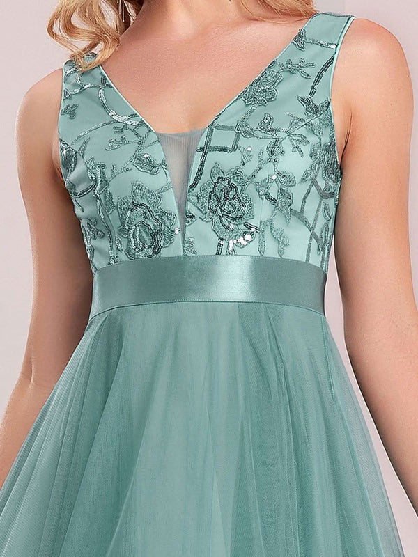 ever SASHIA|Fashion High-Low Deep V Neck Tulle Evening Dresses with Sequin Appliques