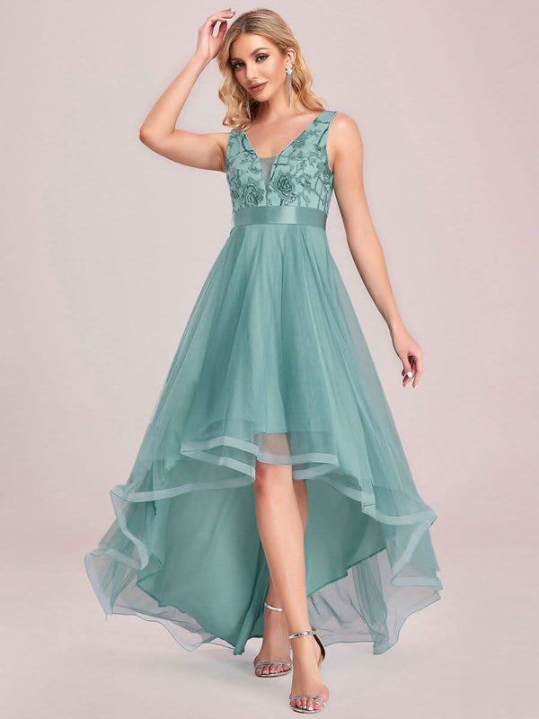 ever SASHIA|Fashion High-Low Deep V Neck Tulle Evening Dresses with Sequin Appliques