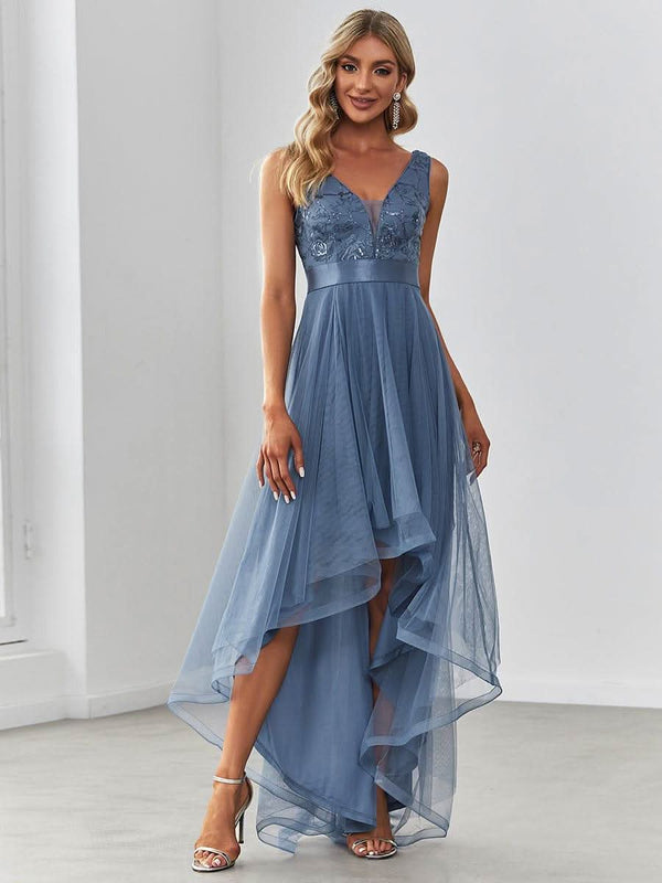 ever SASHIA|Fashion High-Low Deep V Neck Tulle Evening Dresses with Sequin Appliques