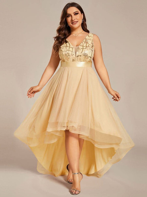 ever SASHIA|Fashion High-Low Deep V Neck Tulle Evening Dresses with Sequin Appliques