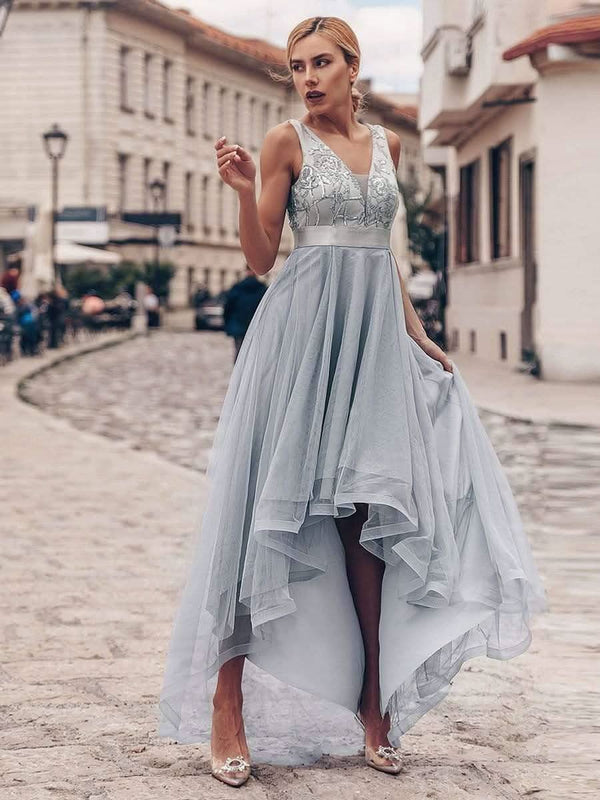 ever SASHIA|Fashion High-Low Deep V Neck Tulle Evening Dresses with Sequin Appliques