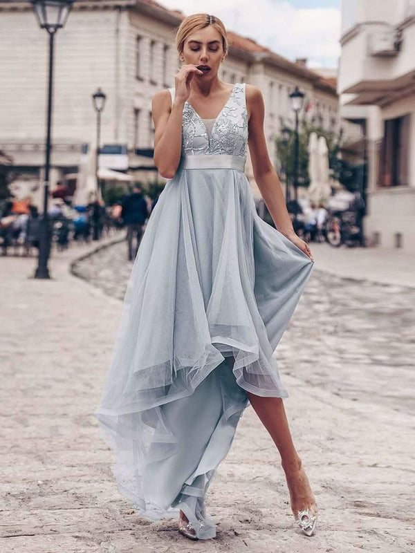 ever SASHIA|Fashion High-Low Deep V Neck Tulle Evening Dresses with Sequin Appliques