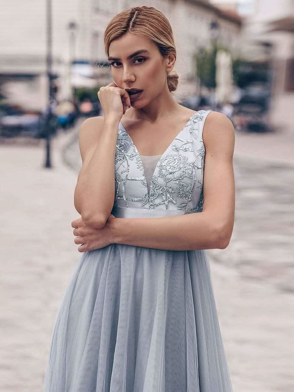 ever SASHIA|Fashion High-Low Deep V Neck Tulle Evening Dresses with Sequin Appliques