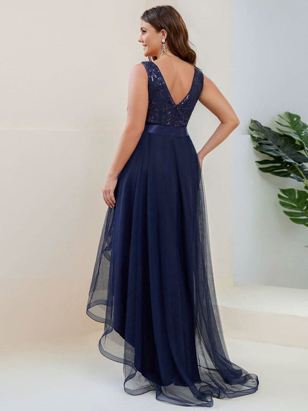 ever SASHIA|Fashion High-Low Deep V Neck Tulle Evening Dresses with Sequin Appliques
