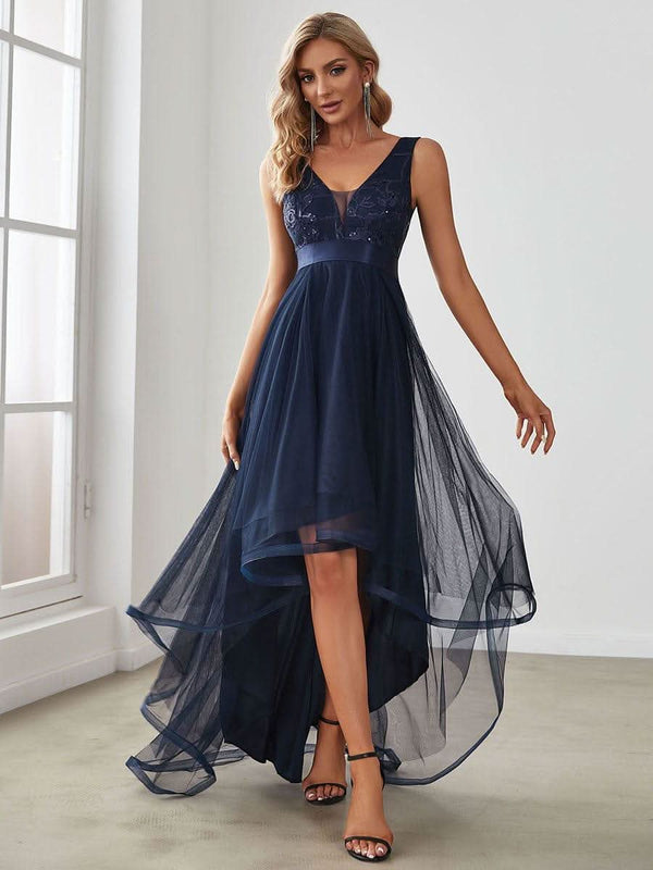 ever SASHIA|Fashion High-Low Deep V Neck Tulle Evening Dresses with Sequin Appliques