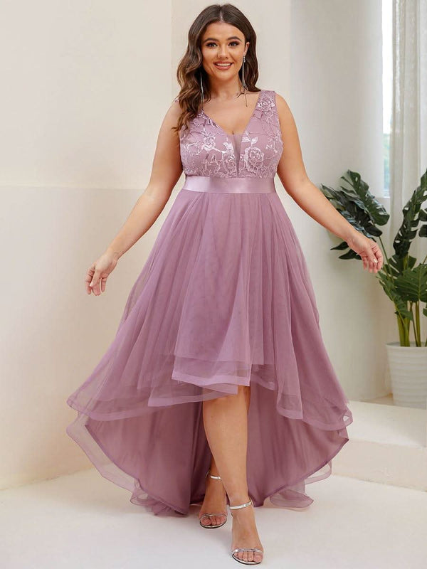 ever SASHIA|Fashion High-Low Deep V Neck Tulle Evening Dresses with Sequin Appliques