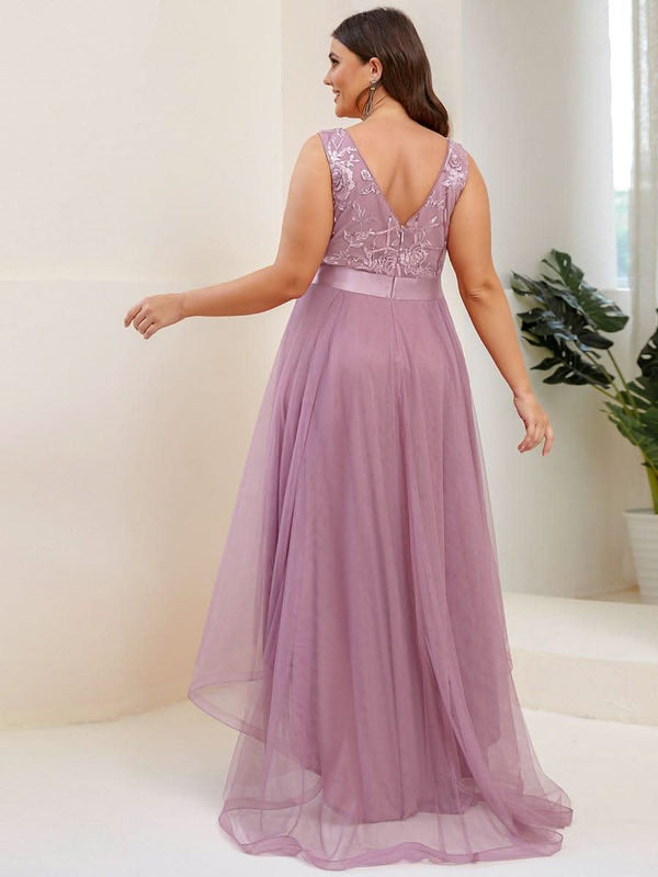 ever SASHIA|Fashion High-Low Deep V Neck Tulle Evening Dresses with Sequin Appliques