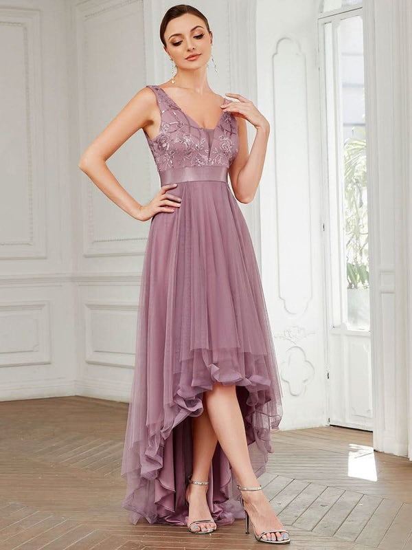 ever SASHIA|Fashion High-Low Deep V Neck Tulle Evening Dresses with Sequin Appliques