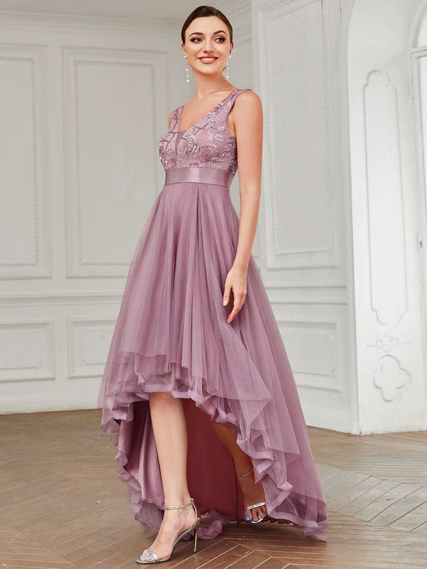 ever SASHIA|Fashion High-Low Deep V Neck Tulle Evening Dresses with Sequin Appliques