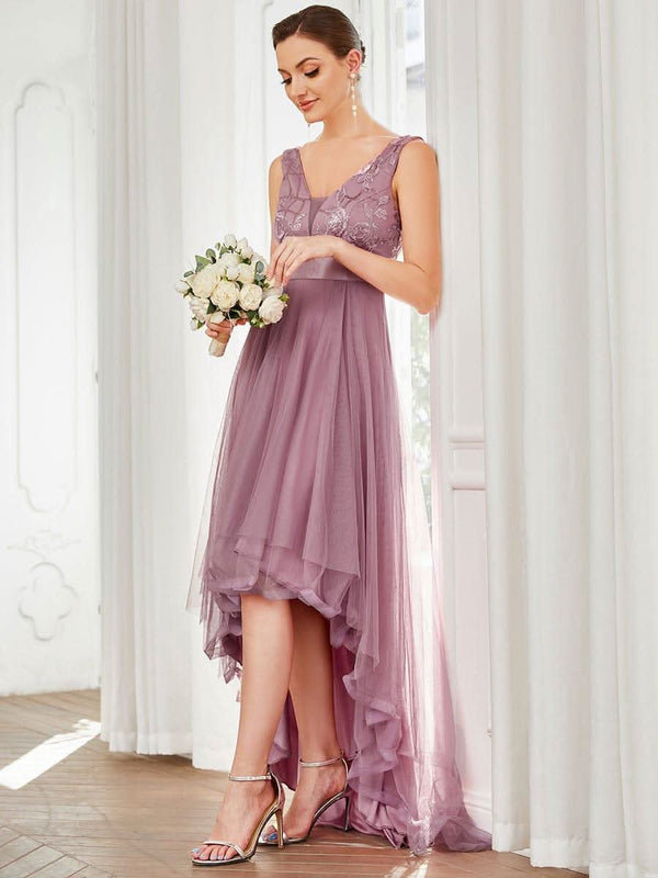 ever SASHIA|Fashion High-Low Deep V Neck Tulle Evening Dresses with Sequin Appliques
