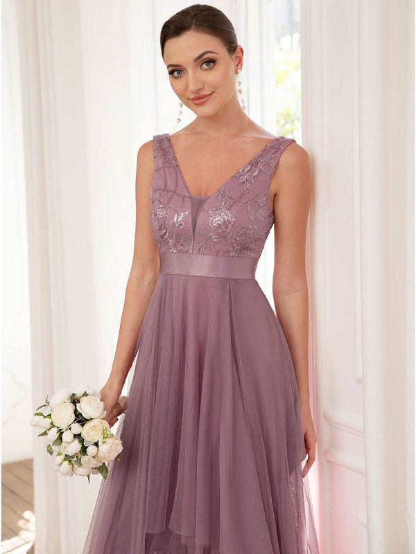 ever SASHIA|Fashion High-Low Deep V Neck Tulle Evening Dresses with Sequin Appliques