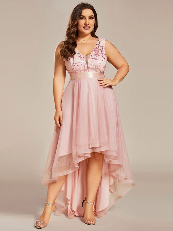 ever SASHIA|Fashion High-Low Deep V Neck Tulle Evening Dresses with Sequin Appliques