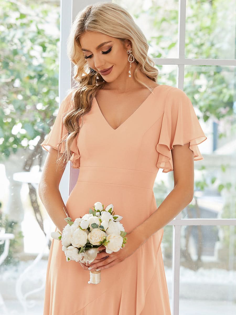 Ruffles Sleeve V-Neck Chiffon Bridesmaid Dress #color_Peach
