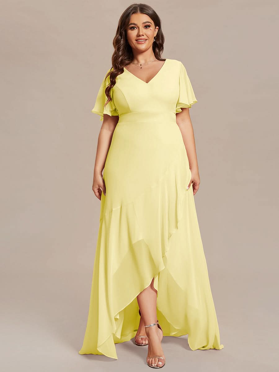 Ruffles Sleeve V-Neck Chiffon Bridesmaid Dress #color_Yellow