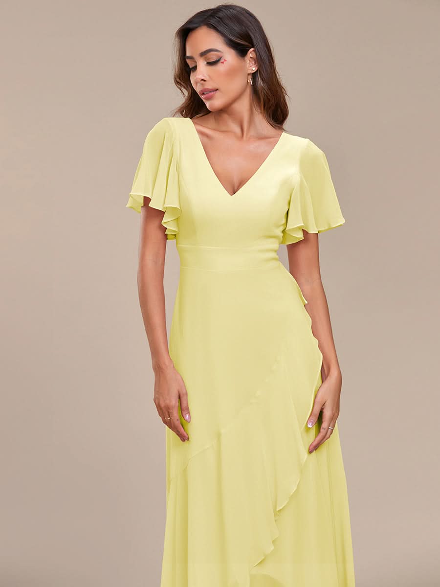 Ruffles Sleeve V-Neck Chiffon Bridesmaid Dress #color_Yellow