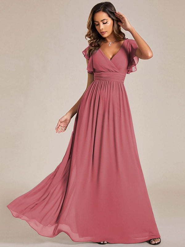 ever LILYANA|Ruffles Sleeve Back Cutout A-Line Maxi Chiffon Bridesmaid Dress